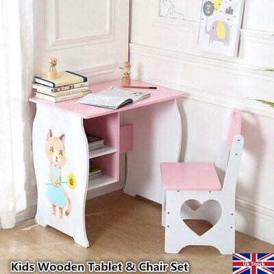 Kids Desk and Chair Set with Storage, Children Wooden Writing Study Table Stool