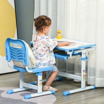 HOMCOM Kids Desk and Chair Set w/ Drawer, Pen Slot Hook Refurbished