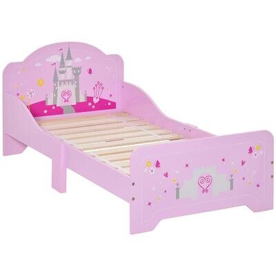 Kids Bed Frame Princess Castle Theme with Side Safety Rails Slats 3-6 Yrs Pink