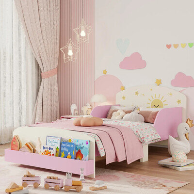 Toddler Bed Sleeper Sun Themed Kids Bed Frame Storage Guardrails Home Bedroom