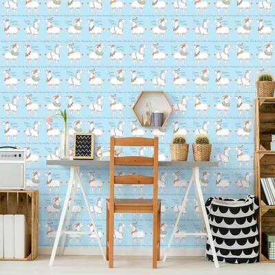 Sky Blue Cartoon Wallpaper Llama Rama Childrens Bedroom Nursery Belgravia 9730