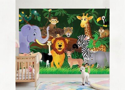 Kids bedroom Wall Mural Wallpaper nursery jungle animals green cartoon style