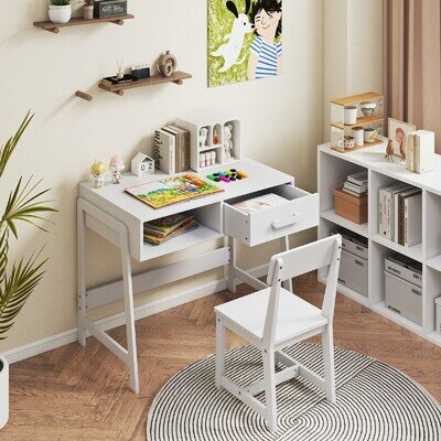 Kids White Desk and Chair Set Wooden Children’s Study Desk Set w/ Drawer