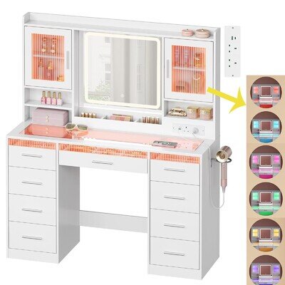 🔥Dressing Table with 9 Drawers Mirror and RGB Lights Makeup Desk Vanity Table