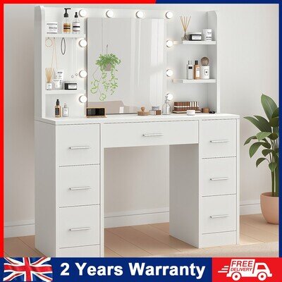 White Dressing Table Wood Makeup Desk with Hollywood LED Mirror 7 Drawer Heymrdy
