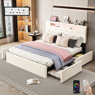 NEW STORAGE UPHOLSTERED BED FRAME 4FT6 DOUBLE WITH CHARGING PORT & LED Fihihpbcr