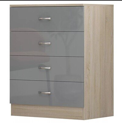 4 Drawer Chest of Drawers – High Gloss Grey & Oak – Modern Bedroom Storage