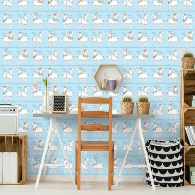 Sky Blue Cartoon Wallpaper Llama Rama Childrens Bedroom Nursery Belgravia 9730