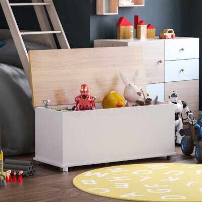 Toy Chest Box Large Wooden Storage Blanket Lid White Oak Childrens Kids Tidy Bin