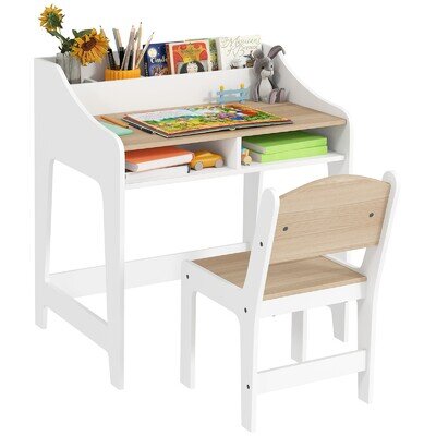 AIYAPLAY Kids Desk and Chair Set, Children Study Table with Storage, Natural