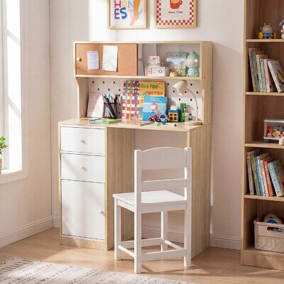 Childrens Wooden Desk Study Writing Desk Chair Set with Storage Cabinet