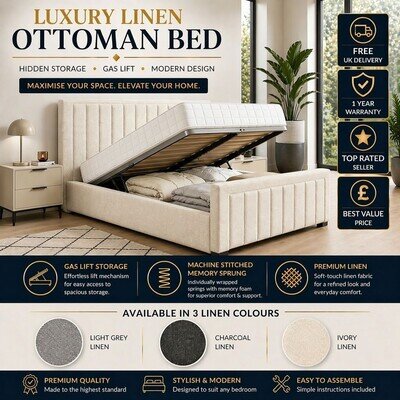 OTTOMAN STORAGE BED PANEL LINEN UPHOLSTERED BED FRAME DOUBLE & KING SIZE