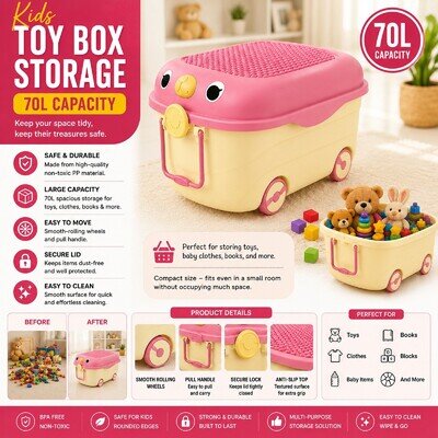 70L Toy Box Storage Lid Large Toys Organiser Kids Nursery Bedroom Tidy Bin Chest