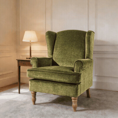 Fabric Wingback Armchair Olive Green Accent Chair Occasional Seating Wooden Legs