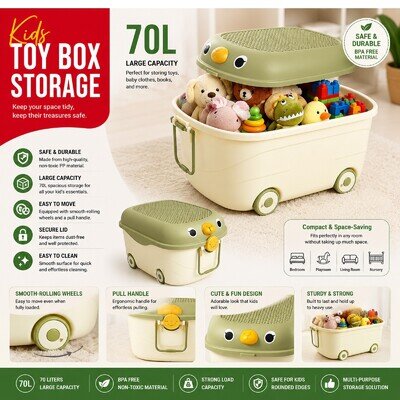 70L Toy Box Storage Lids Toys Organiser Kids Nursery Bedroom Tidy Bin Chest