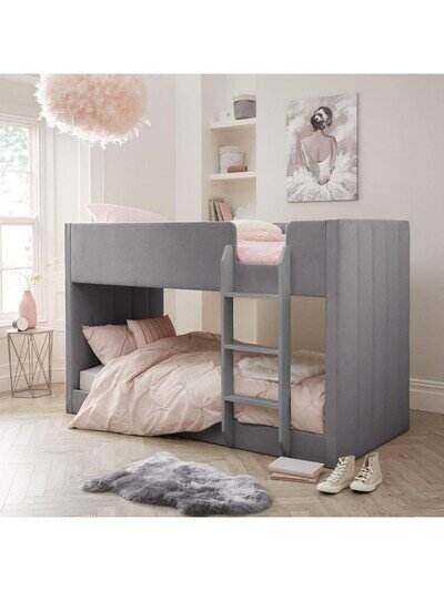 Panelled Velvet Bunk Bed Grey High Sleeper Kids Childrens Bedroom UK