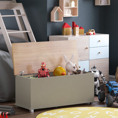Toy Chest Box Large Wooden Storage Blanket Lid Grey Oak Childrens Kids Tidy Bin