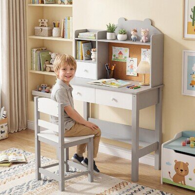Wooden Children Study Table w/Storage Kids Desk and Chair Set Grey