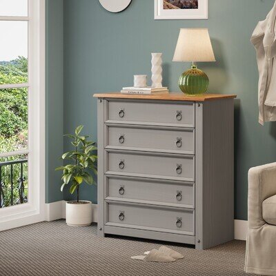 Corona Chest of Drawers 5 Drawer Small Grey Wax Solid Wood Pine Wooden Bedroom