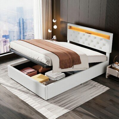 NEW LED OTTOMAN STORAGE PANEL WHITE PU FABRIC UPHOLSTERED BED FRAME DOUBLE