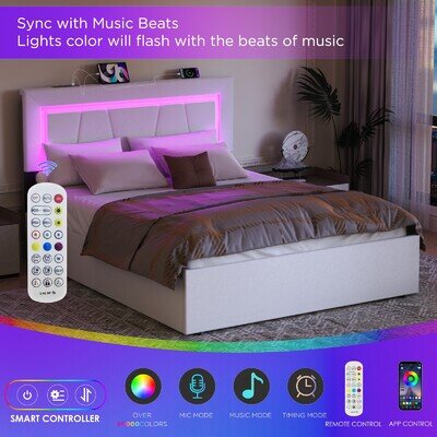 4FT6 STORAGE UPHOLSTERED BED FRAME DOUBLE WITH USB PORT & LED LIGHT,4 DRAWER Wjt