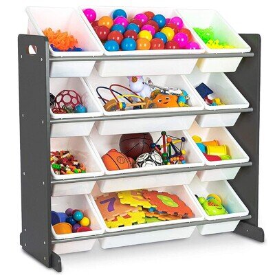 4 Tier Kids Toy Storage Unit 12 Boxes Drawers Childrens Shelf Kids Bedroom Play