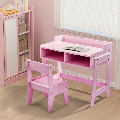 Children's Desk and Chair Set Pink Kids Study Table with Storage Wooden MDF New