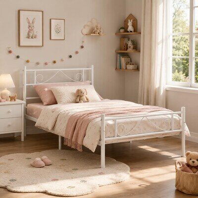 FurnitureR Childrens Bed 3ft Single Frame for Kids Boys Single, White