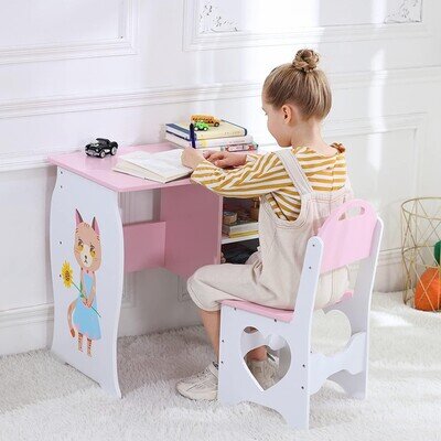 Two-Piece Kids Desk and Chair Set Wooden Children Study Table w/ Storage Shelves