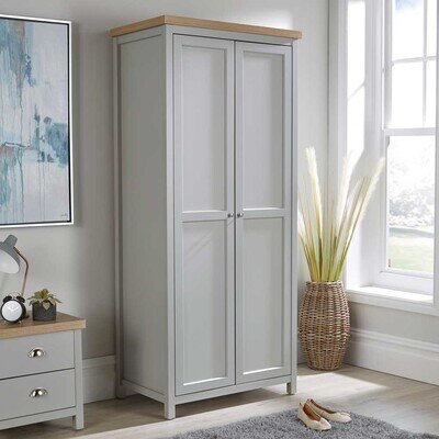 Wardrobe Grey Oak 2 Door Two Tone Wooden Hanging Rail Storage Shelves 36mm Top