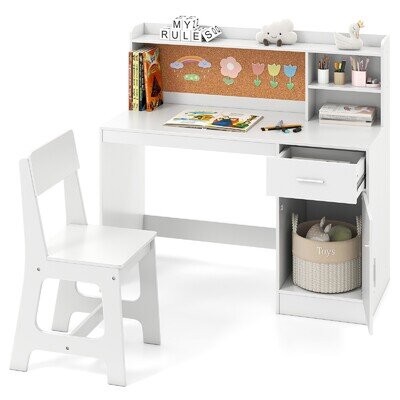 COSTWAY Kids Study Desk and Chair Set Wooden Children Writing Table-White