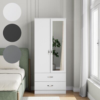 Wooden 2 Door Wardrobe with Mirror 2 Drawers Wardrobe Bedroom Storage Furniture