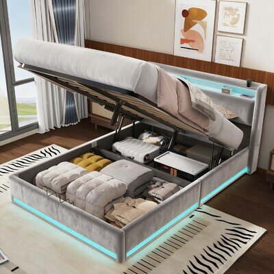 NEW LED OTTOMAN STORAGE PANEL PLUSH VELVET UPHOLSTERED BED FRAME DOUBLE Gpvwkgii