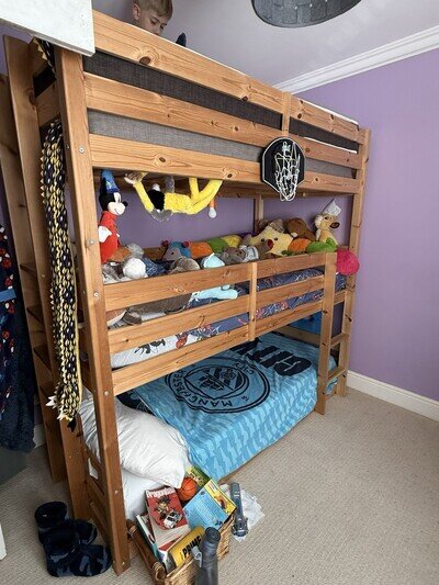 Solid Wooden Children's Single Bunk Bed Frame with Ladder Brown 200cm Height.