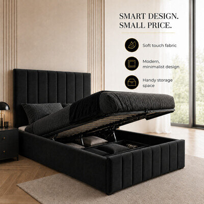 Ottoman Storage Gas Lift Up Double Bed Frame King Size 4ft6 5ft Black Grey Cream