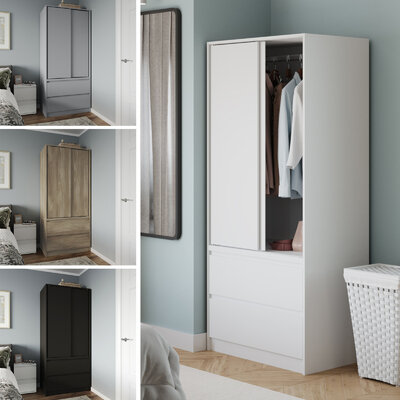 2 Sliding Doors Wardrobe 2 Drawer Bedroom Clothes Hanging Rail Storage Cupboard