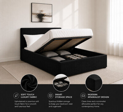 OTTOMAN STORAGE GAS LIFT UP DOUBLE KING SIZE VELVET BED FRAME BLACK CREAM GREY