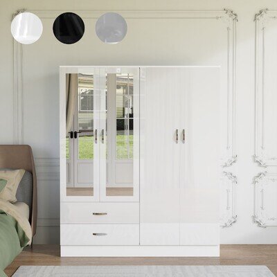 High Gloss Wooden 4 Door Wardrobe with Drawers and Mirror Bedroom Storage