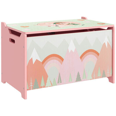 Kids Toy Box Storage Chest with Safety Hinge Wooden Toy Organiser Pink Lid