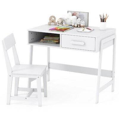 COSTWAY Kids Desk and Chair Set Wooden Children’s Study Desk Set w/ Drawer-White