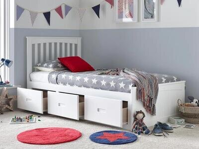 White, Childrens 3ft Single 3 drawer storage wood,wooden, drawers bed frame