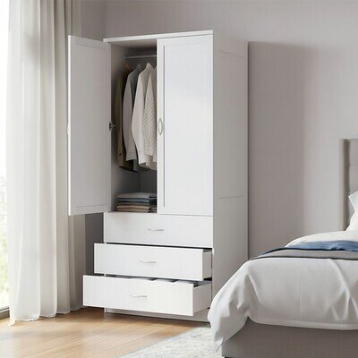 2 Door Bedroom Tall Wardrobe with 3 Drawers Storage Clothes Hanging Rail White