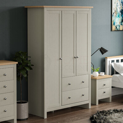 SALE Wooden 3 Door Wardrobe With 2 Drawers Bedroom Storage Hanging Clothes Grey
