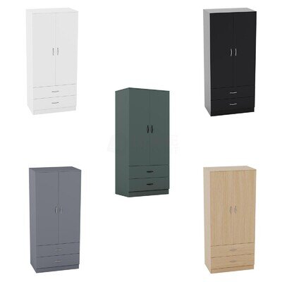Modern Wardrobe Closet 2 Doors 2 Drawers Storage Hanging Rail Bedroom Furniture
