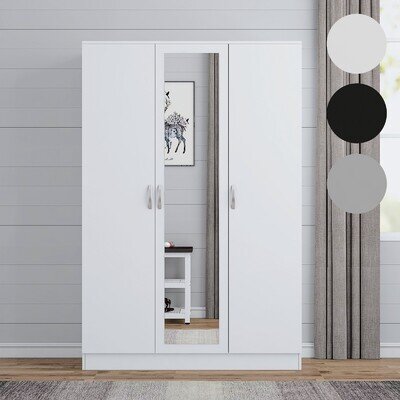 Wooden 3 Door Wardrobe with Mirror Shelves and Hanging Rails Bedroom Storage
