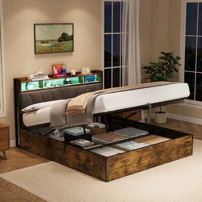 Wooden Ottoman Bed Frame 4ft6 Double Bed with Under Bed Storage and LED Lighting