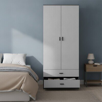 Tall Wooden Wardrobe Black 2 Doors & Drawers Bedroom Storage Modern