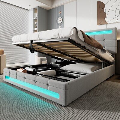 Upholstered Bed 4ft6 Double LED Hydraulic Bed Frame with Ottoman Storage Grey