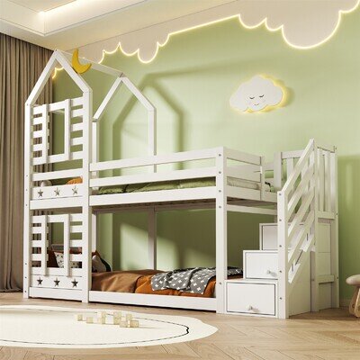 Bunk Bed Children Cabin Bed Single Bed with Storage for Kids, Twin Over Twin Bed
