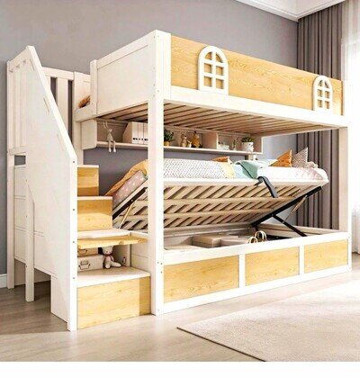 White Wooden Children's Single Bunk Bed with Stairs, Under Bed Storage & Slats